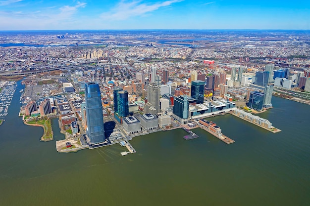 Helicopter view on New Jersey skyline, USA, from Hudson River.