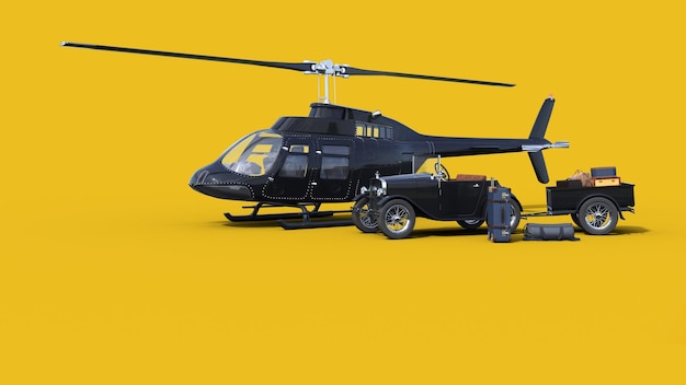 노란색 배경에 검은색 헬리콥터가 있는 헬리콥터.
