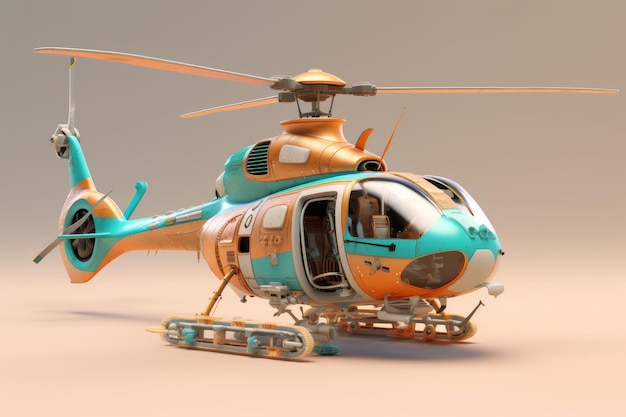 A helicopter with a blue and orange tail and the number 47 on the front.