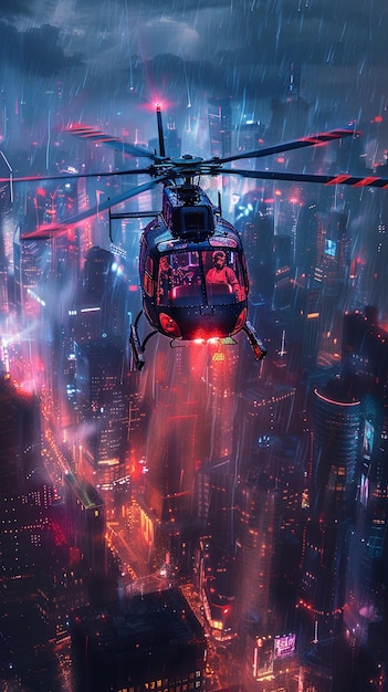 Photo a helicopter with glowing red rotor blades background