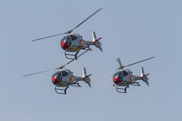 Helicopters of the Patrulla Aspa taking part in an exhibition on the day of the spanish army forces