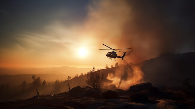 Helikopter laat water vallen op wildvuur in ruig terrein, verlicht door een ondergaande zon die door rook wordt gefilterd