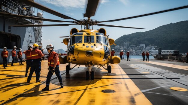 Helikopter landt op het dek van een schip