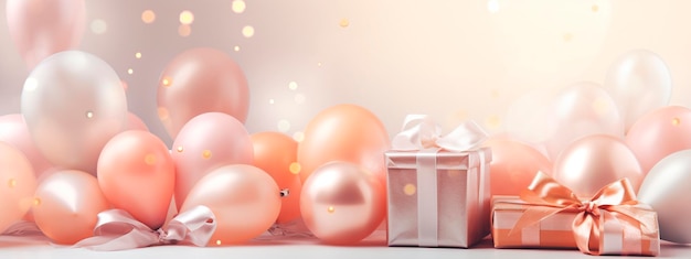 Helium balloons and gifts pastel background Selective focus Pink