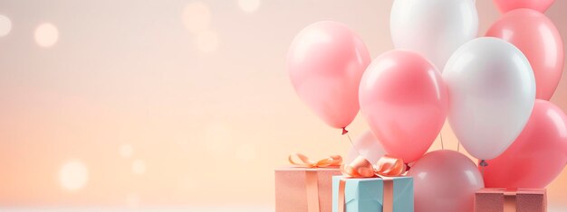 Helium balloons and gifts pastel background Selective focus Pink