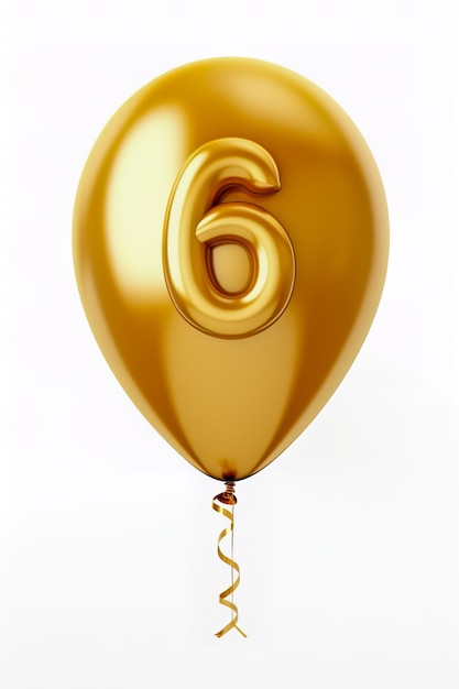 Photo helium golden balloon shape number six 6 isolated on white