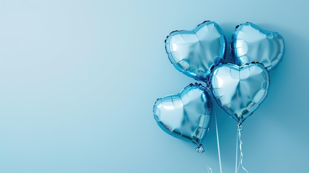 Helium opblaasbare harten in blauwe tinten op een hemelsblauwe achtergrond Folieballonnen houden van concept