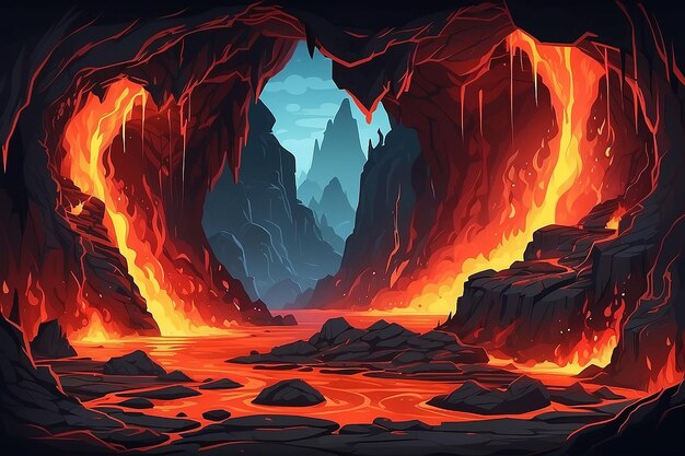 Photo hell background with lava in cave fantasy landscape with fiery magma flows in mountains scary scene with lava river in rocks crack vector cartoon illustration