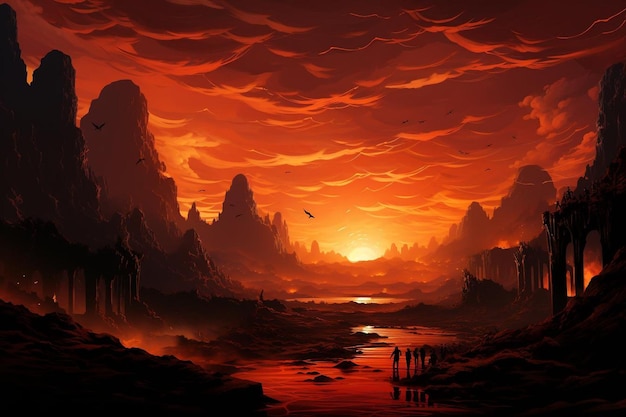 Hell background with lava in cave