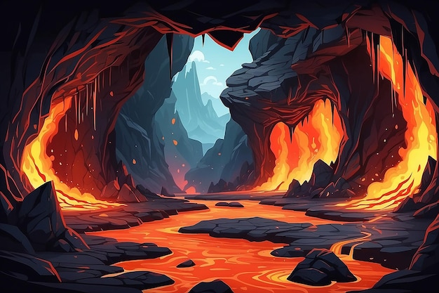 写真 地獄の背景は洞窟の溶岩で炎のマグマが山に流れる幻想的な風景岩の中の溶岩の川の恐ろしいシーン 裂け目ベクトルアニメイラスト