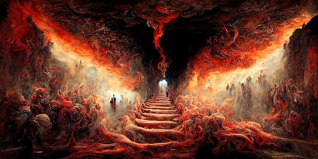 Foto la metafora dell'inferno dell'inferno le anime che entrano all'inferno incantano il movimento fluido con il fuoco e il fumo dell'inferno