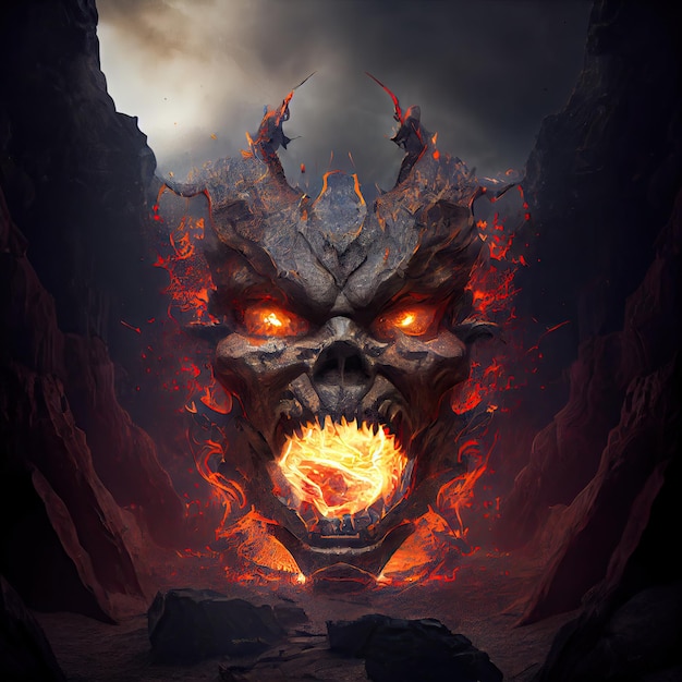 Hell's mouth made of fiery stones and damned souls in form of devils
