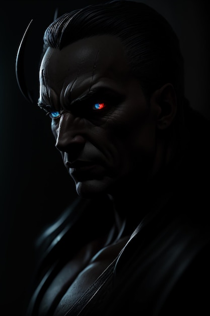 Hellboy-standbeeld met rode ogen en een blauw oog