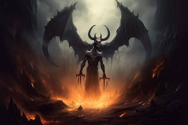 Hellish demon emerges in gloomy scene flaming sword generative IA