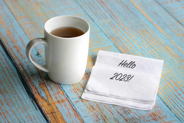 Hello 2023 on white napkin