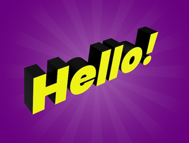 Photo hello 3d sign yellow perspective inscription purple background welcome page