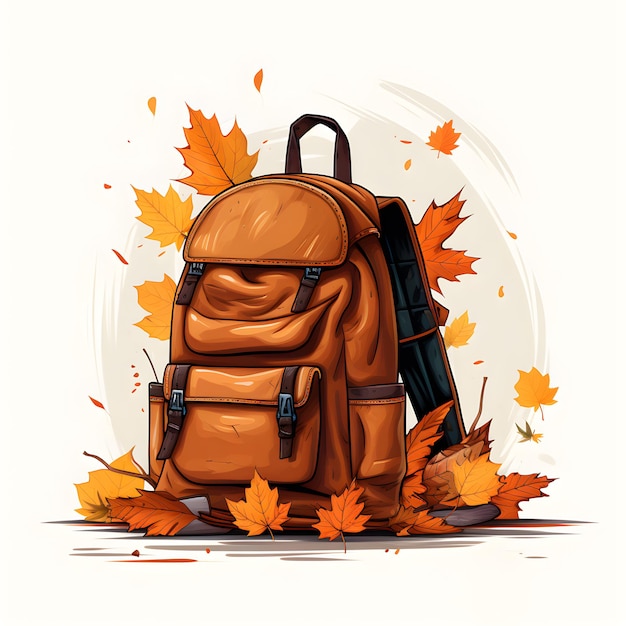 Hello autumn Back to school A brown backpack sits among autumn leaves Created with AI