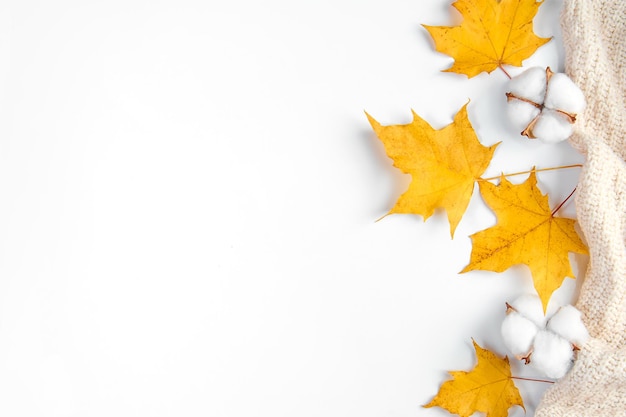 Привет осень начало осеннего сезона вязаный свитер желтые опавшие листья и хлопковые цветы