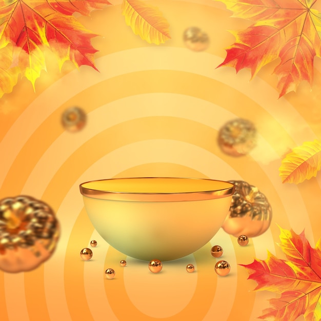 hello autumn podium display with gold pumpkin and maple leaves 3d rendering