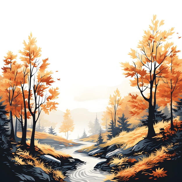 Привет осень Сцена с осенними деревьями и кустарниками Сельский пейзаж Изолированный на белом фоне А