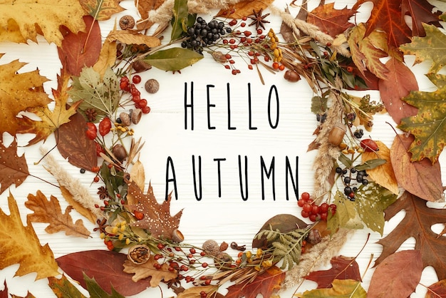 Photo hello autumn text on autumn wreath flat lay fall leaves in circle with berriesnutsacornsflowersherbs on white background seasons greetings card