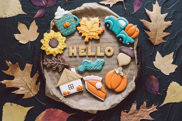 Hello Fall. Multicolored autumn cookies on a black background. Autumn concept