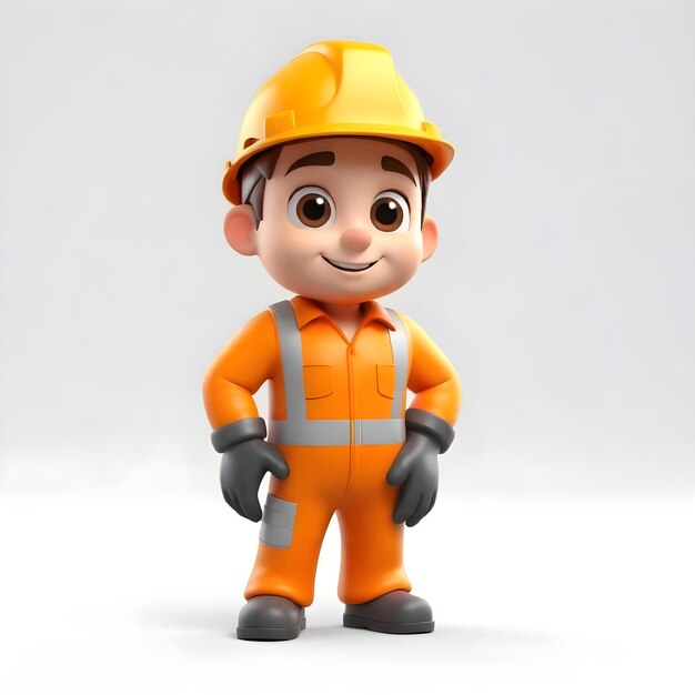 Hello from 3d cute construction worker character on white background