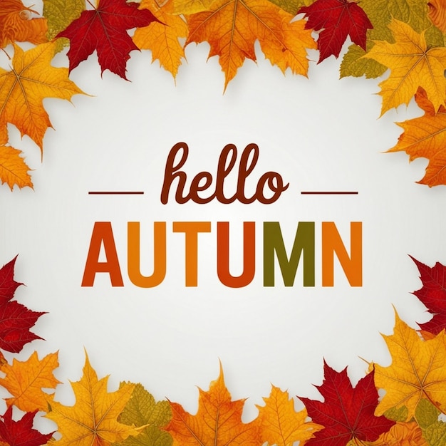 Hello herfst poster ontwerp op herfst scène achtergrond en het woord hello herfst