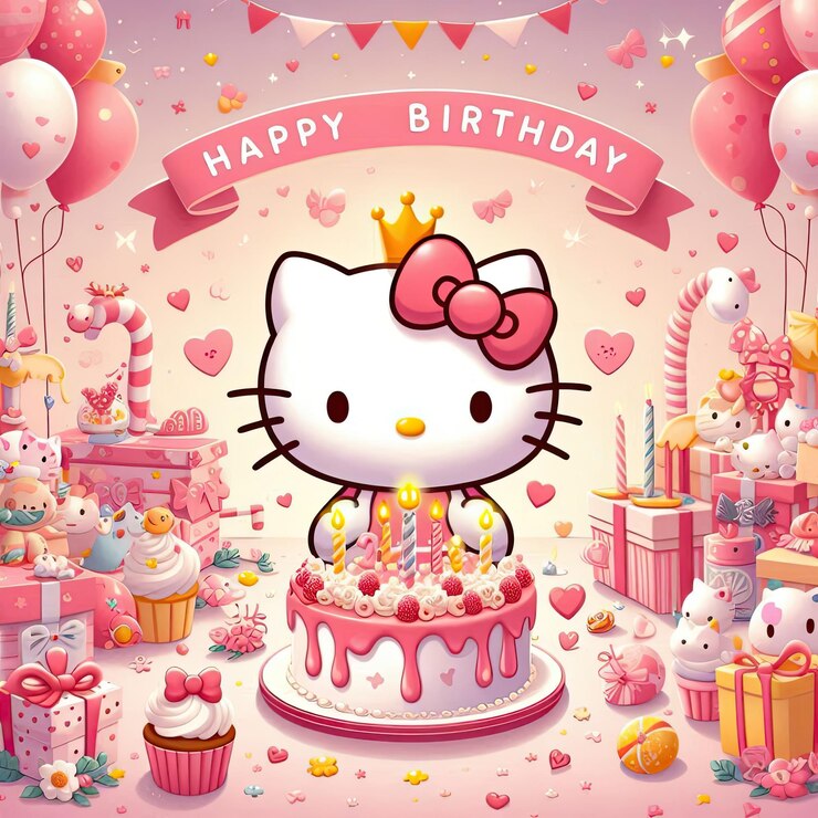 Photo hello kitty birthday card with cute birthday cake and balloon