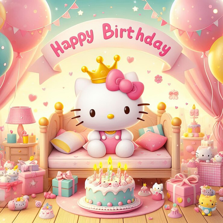 Photo hello kitty birthday card with cute birthday cake and balloon