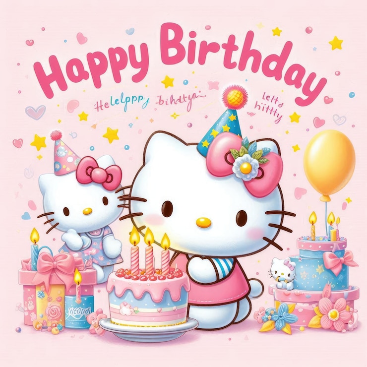 Photo hello kitty birthday card with cute birthday cake and balloon