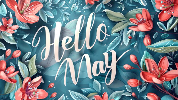 Hello May lettering with hand drawn flowers and leaves on blue background Vector illustration