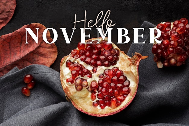 Photo hello november composition with pomegranate