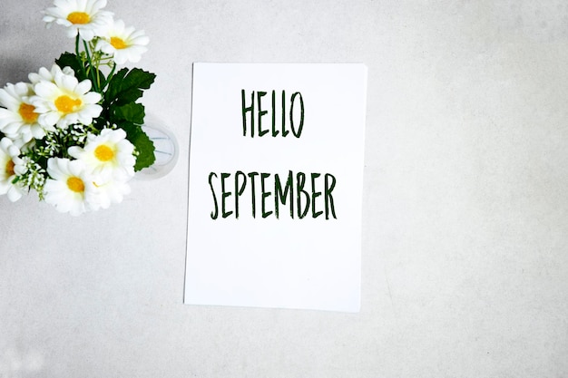 Hello September wallpaper autumn background with daisy flowers vase