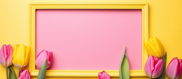 Hello Spring composition featuring an empty picture frame and vibrant yellow tulip flowers on