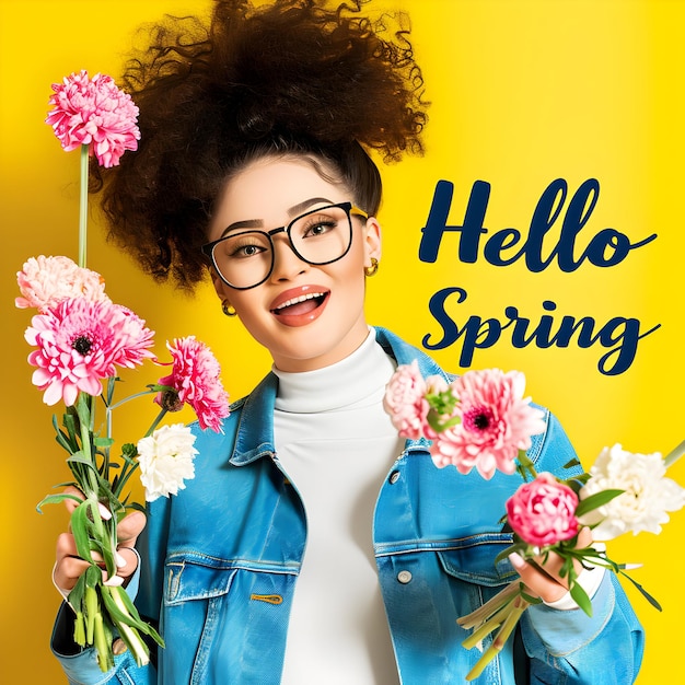 Hello spring floral text background Woman with bunch of flower celebrating spring