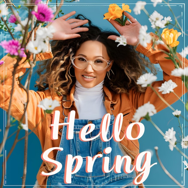 Photo hello spring floral text background woman with bunch of flower celebrating spring