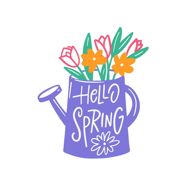 Hello Spring Flowers kunst illustratie en lettering zin