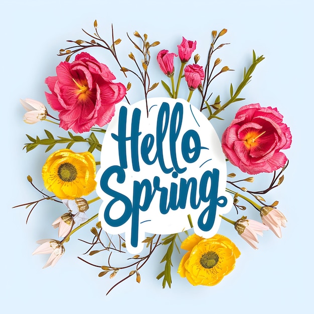 Hello spring greetings design Spring text with colorful flower elements like camellia daffodils