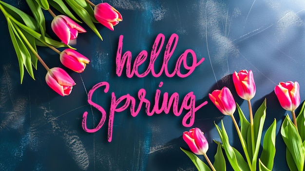 Hello spring sign with tulips flowers bold lettering Springtime romantic postcard