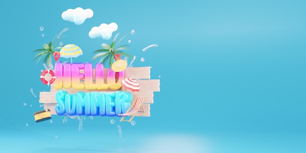 Photo hello to summer 2022 banner design. colorful beach elements with 3d lettering in blue background, 3d illustration.