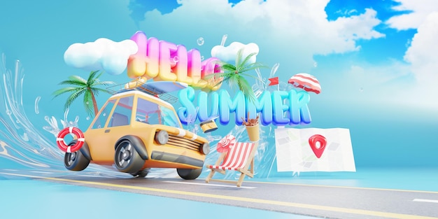 こんにちは2022年夏のバナーデザイン。車を運転してビーチに行く、青い背景の3Dレタリング、3Dイラストのカラフルなビーチ要素。