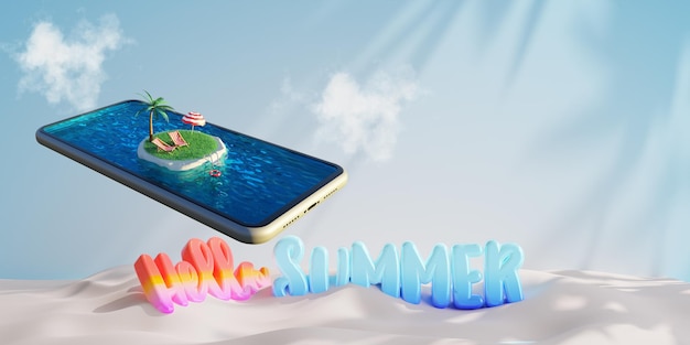 Hello to Summer banner design 3d Lettering on sand background 3d Illustration