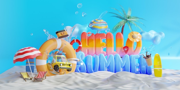 Hello to Summer banner design beach elements with 3d Lettering on sand background 3d Illustration