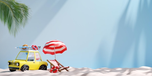 Hello to Summer banner design driving a car go to the Beach 3d Illustration