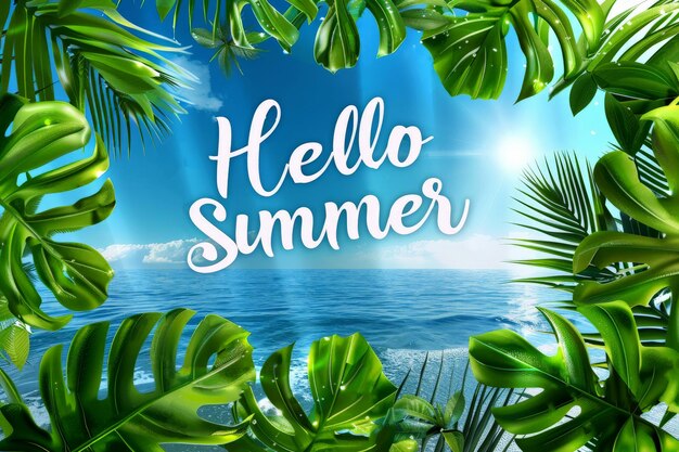 Hello summer banner with leaves and water with top view Generative AI