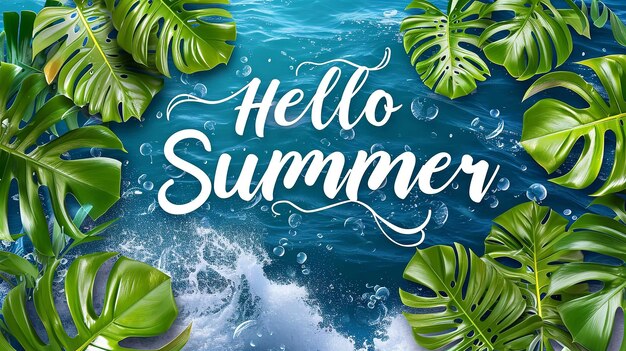 Photo hello summer banner with leaves and water with top view generative ai