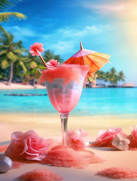 Hello Summer Beach-poster met Mocktail-glas en tropische bomen