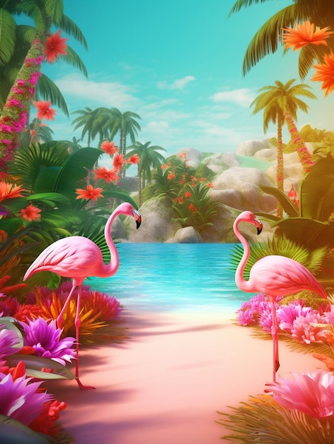 Hello Summer Beach poster with tropical trees and flamingo