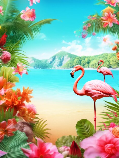 Hello Summer Beach poster with tropical trees and flamingo